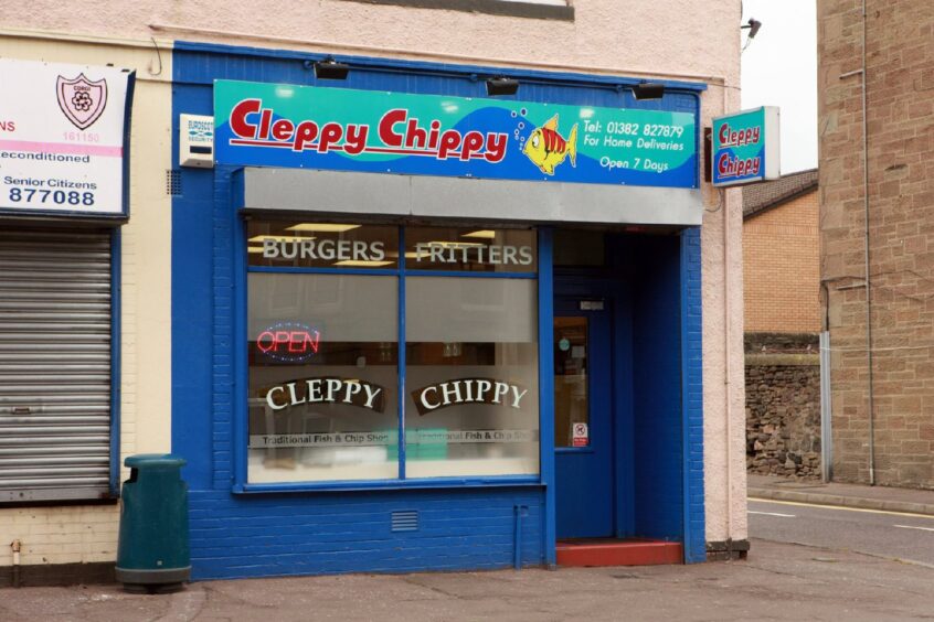 Building exterior view of the Cleppy Chippy in Dundee. 