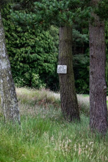 A sign attached to a tree on one of the holes. Image: Paul Reid.