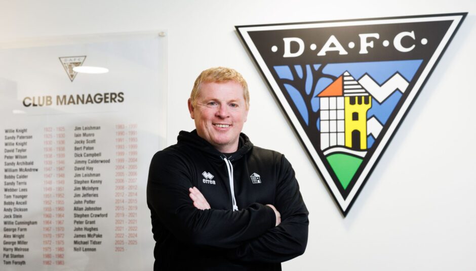 DAFC boss Neil Lennon stands with his arms folded in the East End Park boardroom.