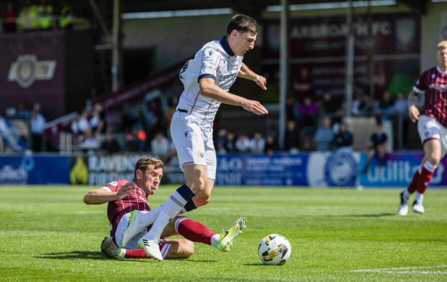 Reilly won Dundee a first-half penalty after being brought down by Aaron Muirhead. Image: Ross Parker/SNS