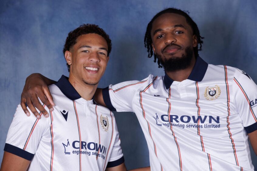 Ethan Ingram and Billy Koumetio model the new-look away strip which will be worn at Arbroath on Saturday. Image: David Young
