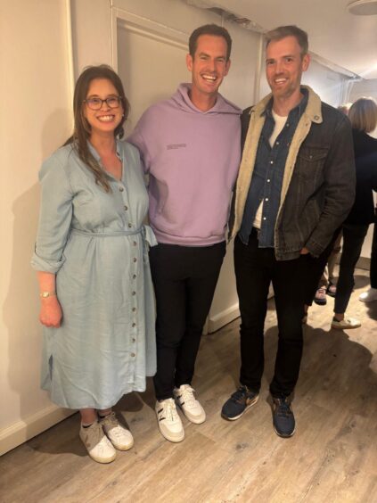 Comedian Chris Forbes, right, who plays the fictional Duncan Murray, with wife Eleanor and tennis great Andy Murray. 