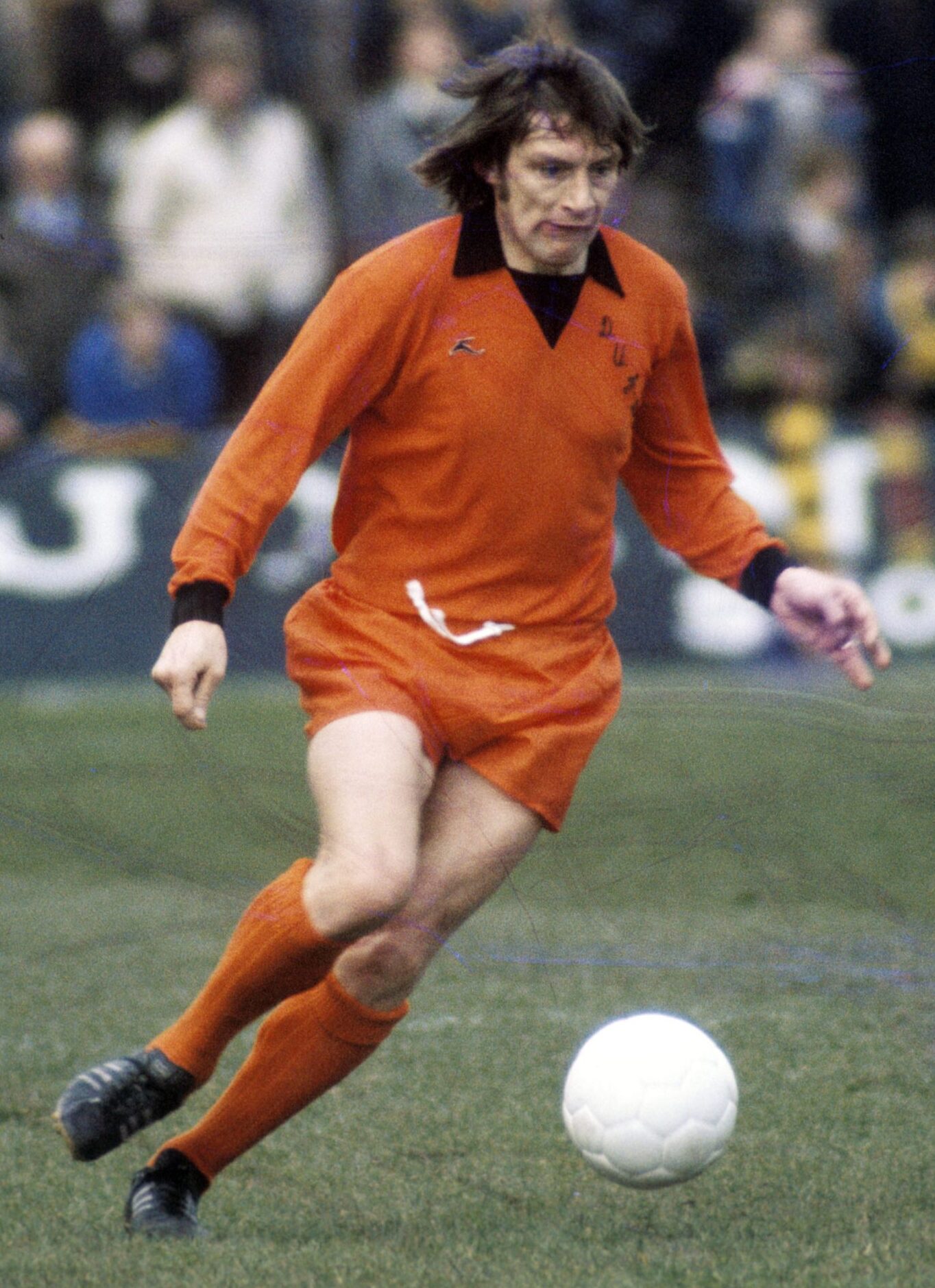Andy Rolland with the ball at his feet against Motherwell in 1977. 