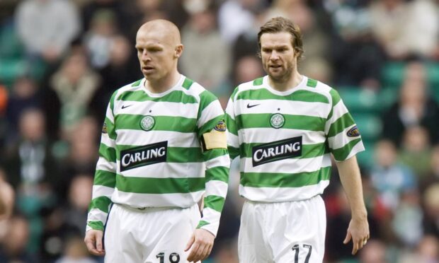 Steven Pressley on debut for Celtic in 2007 alongside team-mate Neil Lennon. Image: SNS