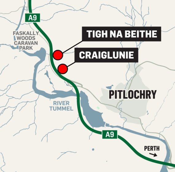 Map showing location of two properties to north west of pitlochry