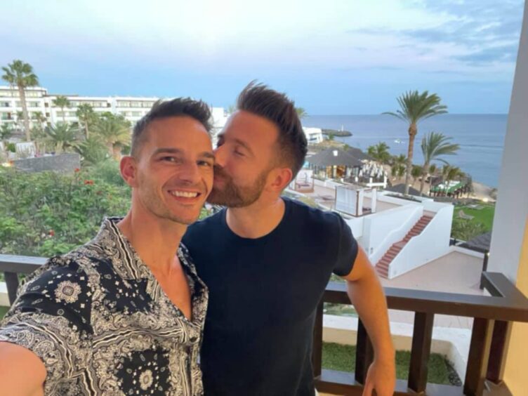 Alan Lambie and kilted yoga star Finlay Wilson on holiday