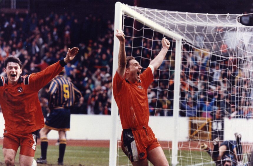 McInally celebrates beside the goal in the 1994 Scottish Cup semi-final. 