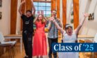 Four school leavers throw their hands in the air at the Fairview leavers' party 2025.