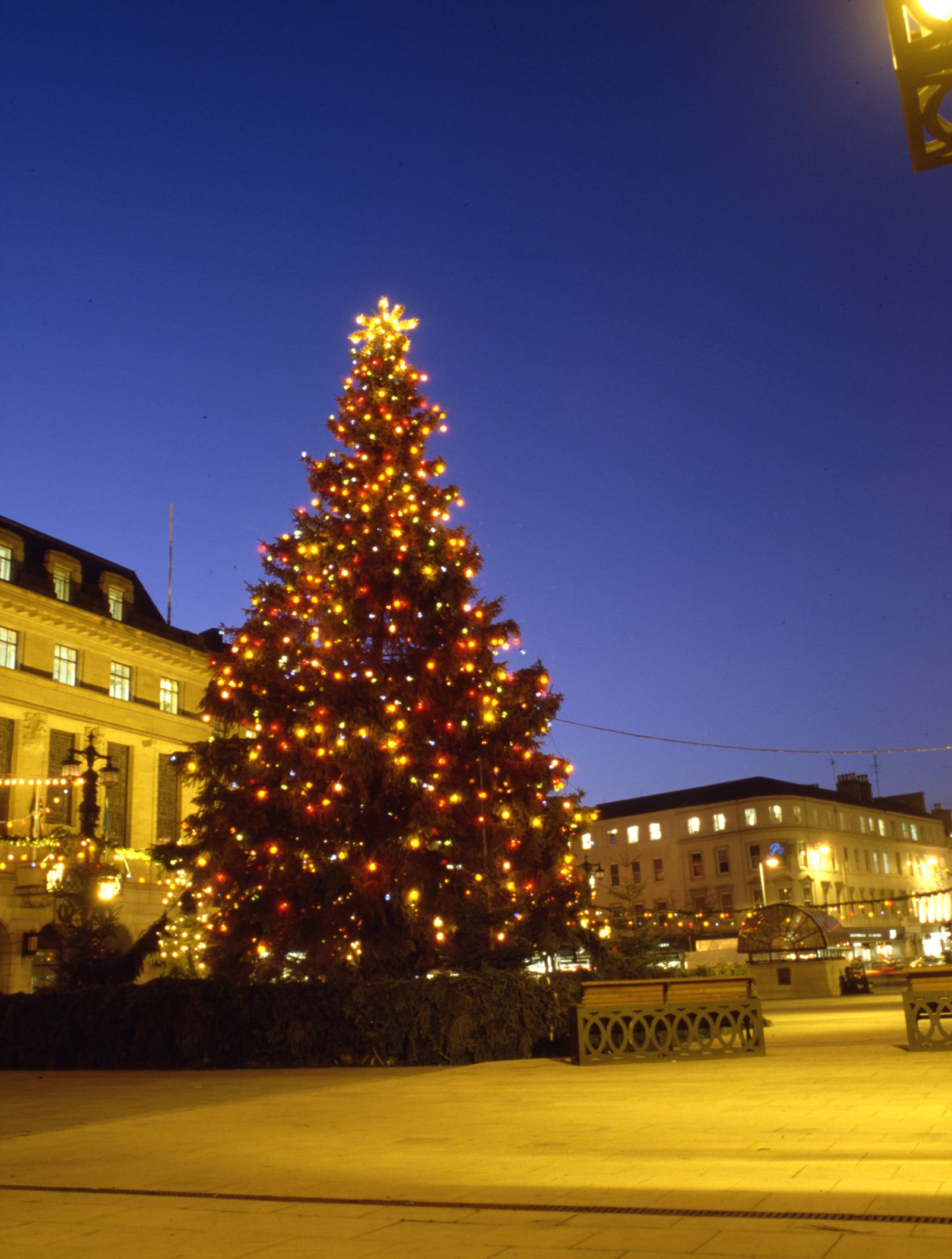 A big Christmas tree with the lighting switched on in Dundee's City Square at night.