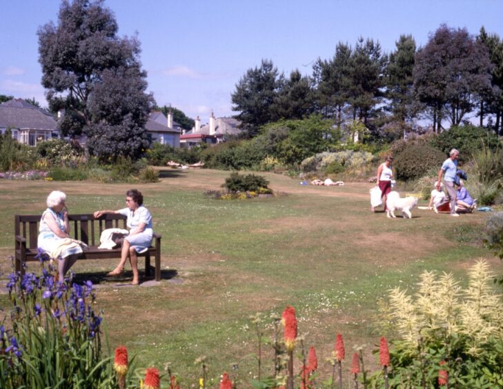 two people on a bench and two dog walkers on a lawn in Barnhill rock garden on a sunny day 