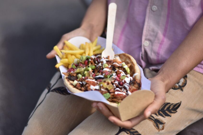 A person holding a chicken shawarma.