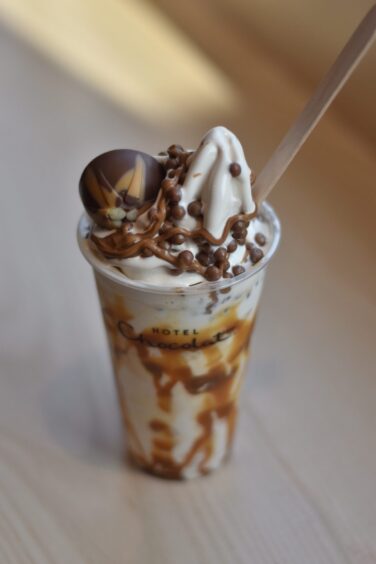Hotel Chocolat's billionaire's sundae sitting on a counter.