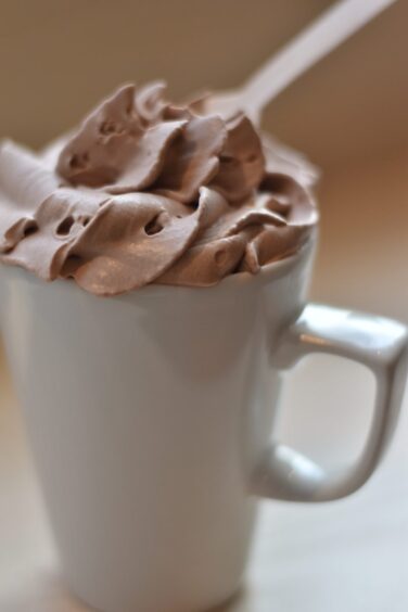 A mug of hot chocolate topped with cocoa whip.