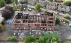 View from a drone of a fire-ravaged building.