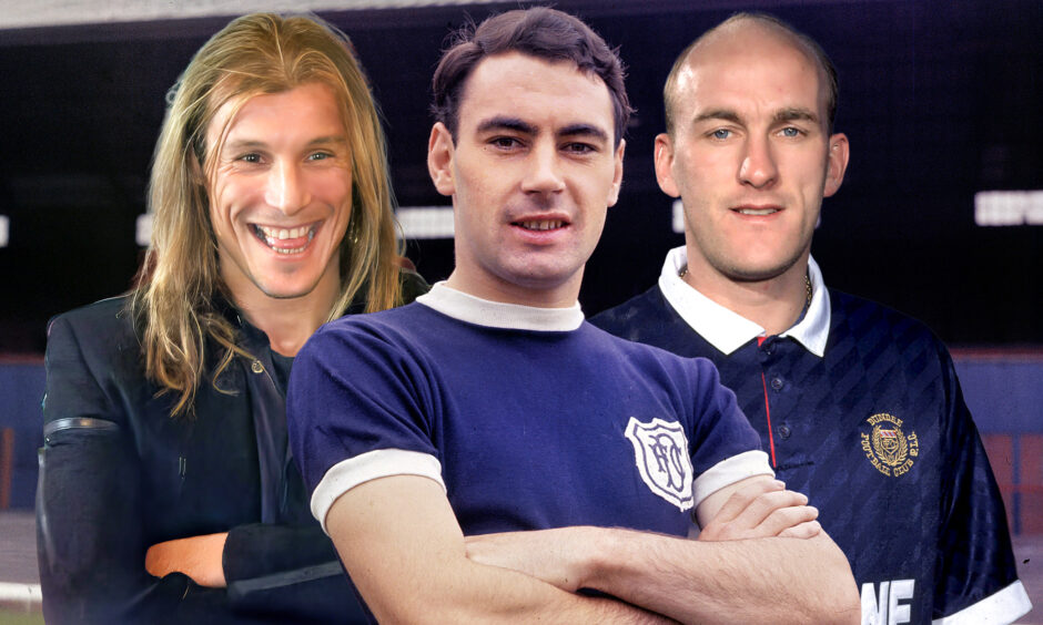 a photo montage showing former Dundee FC players Claudio Caniggia, Alan Gilzean and Jim Duffy