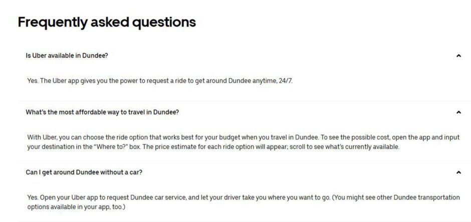 The FAQ section on the Dundee Uber page.