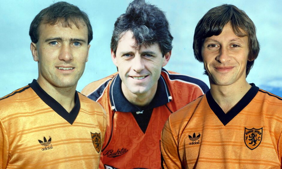 a photo montage of former Dundee United FC players Eamonn Bannon, David Narey and Paul Sturrock, each wearing the Tannadice Park club's distinctive tangerine-coloured tops