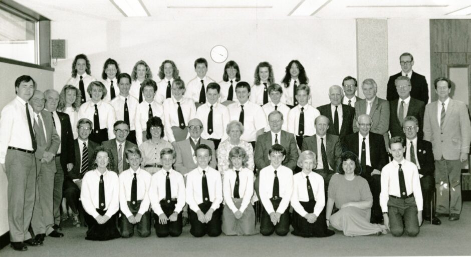 Pupils line up for a picture at a civic reception was held for members of the wind band in September 1989.