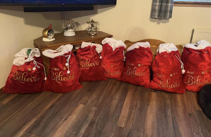 A Christmas stocking each for Zeik, Aspen, Atlas, Blaze, Storm, Beau and Axel.