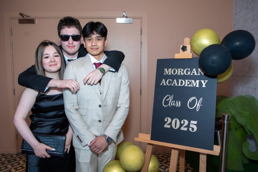 Jamie-Lee Fyall, Erik Mondal and Magnus Gorman at the Morgan Academy prom 2025.
