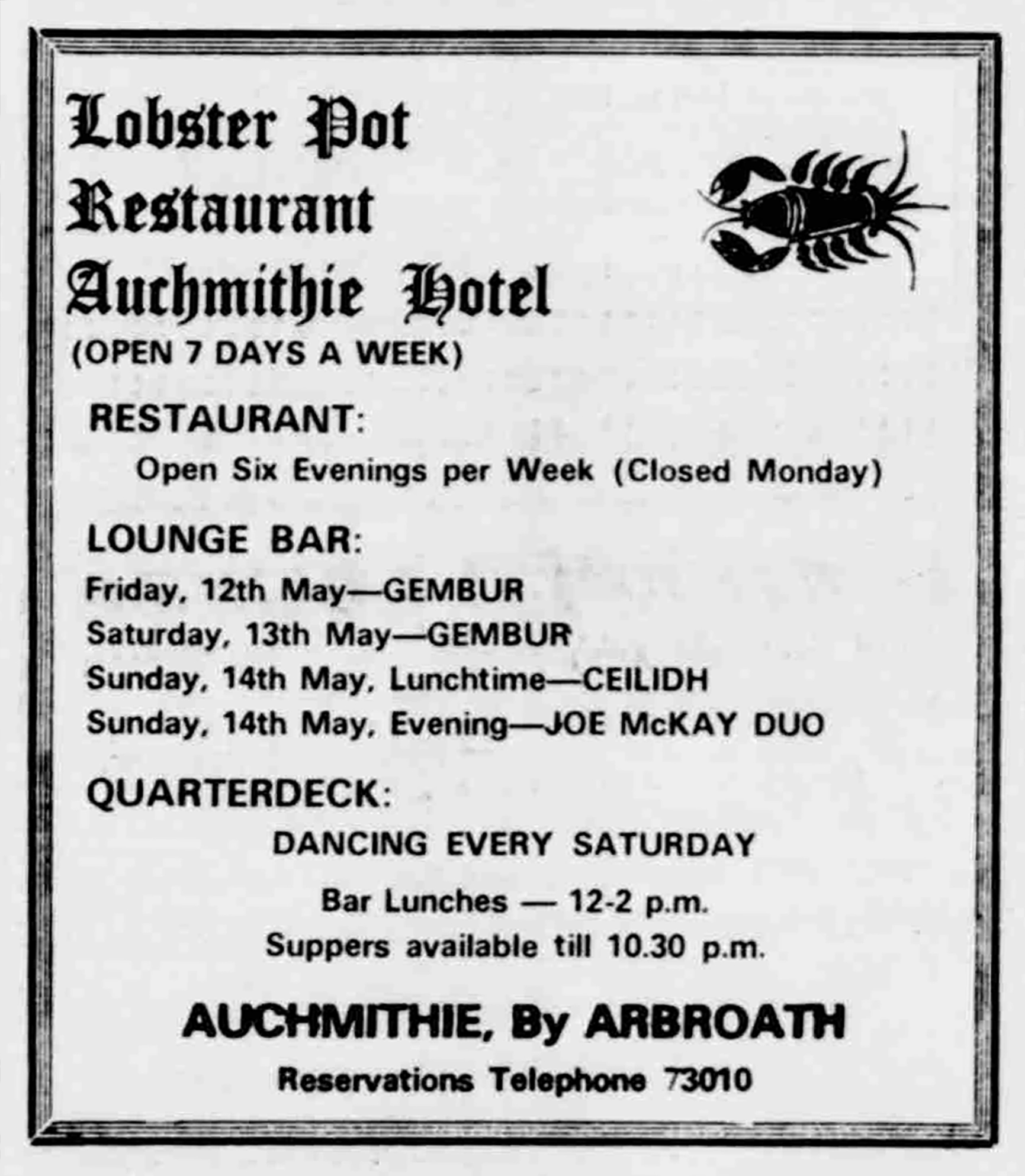 a newspaper ad for the Auchmithie Hotel detailing opening hours