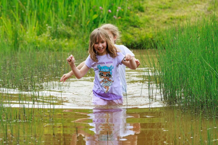 Two girls wade through a muddy pond. 