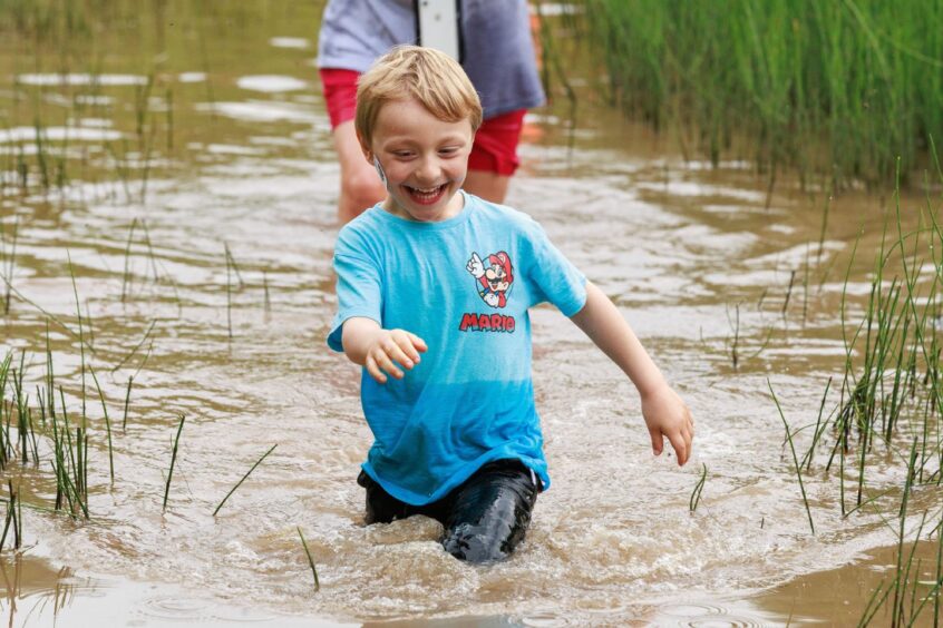 A young boy wades through a muddy pond. 