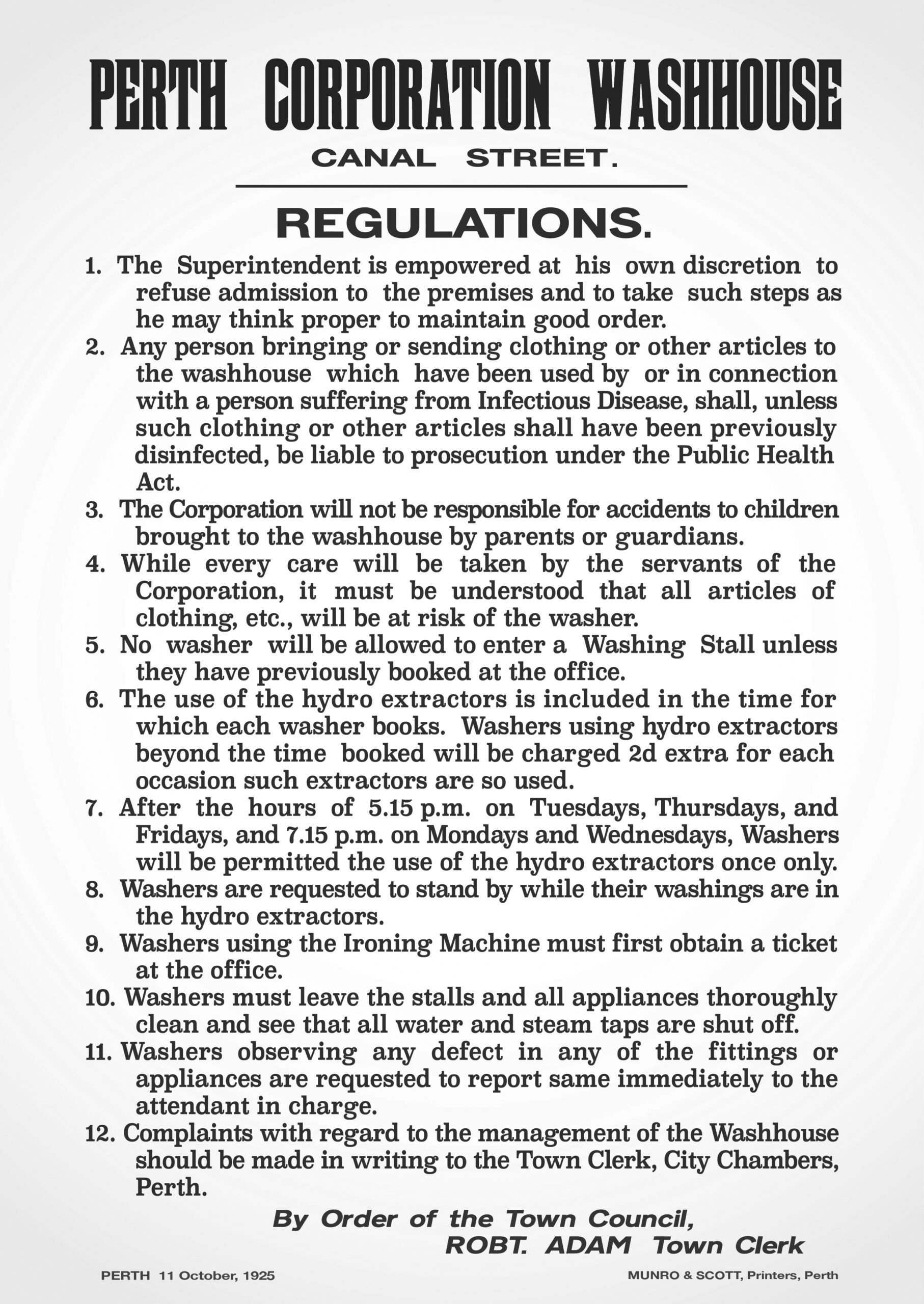 list of the Perth Corporation Washhouse at Canal Street regulations