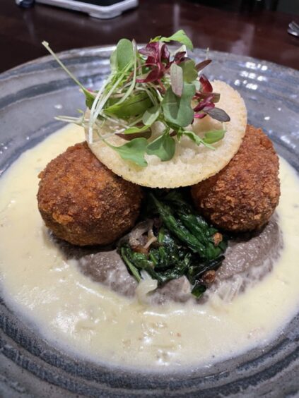 A round pale blue plate with large balls of arancini in a creamy sauce with green veg and topped with microgreens.