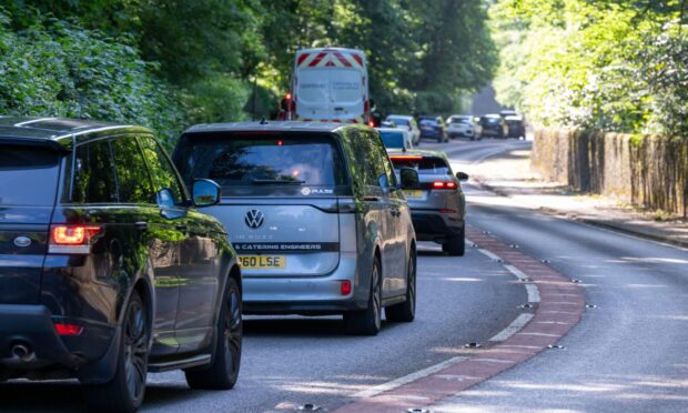 Traffic queueing on Coupar Angus Road on Monday morning. Image: Richard Hancox/DC Thomson