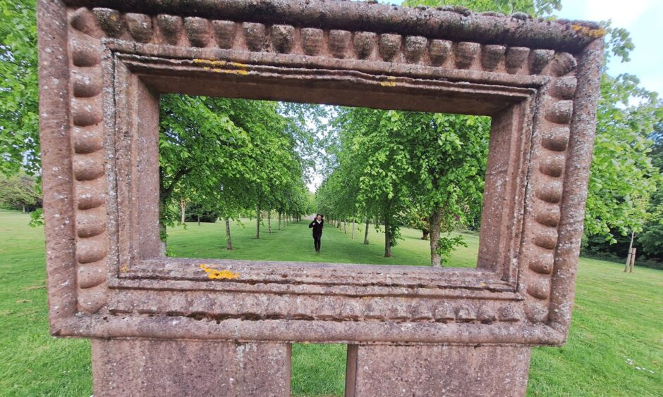 A stone picture frame, which is one piece of art within Riverside Park, Glenrothes