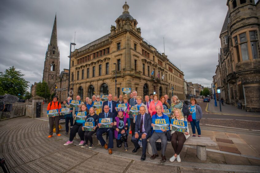 Around 30 people with 'save Bell's' posters outside Perth and Kinross Council chambers