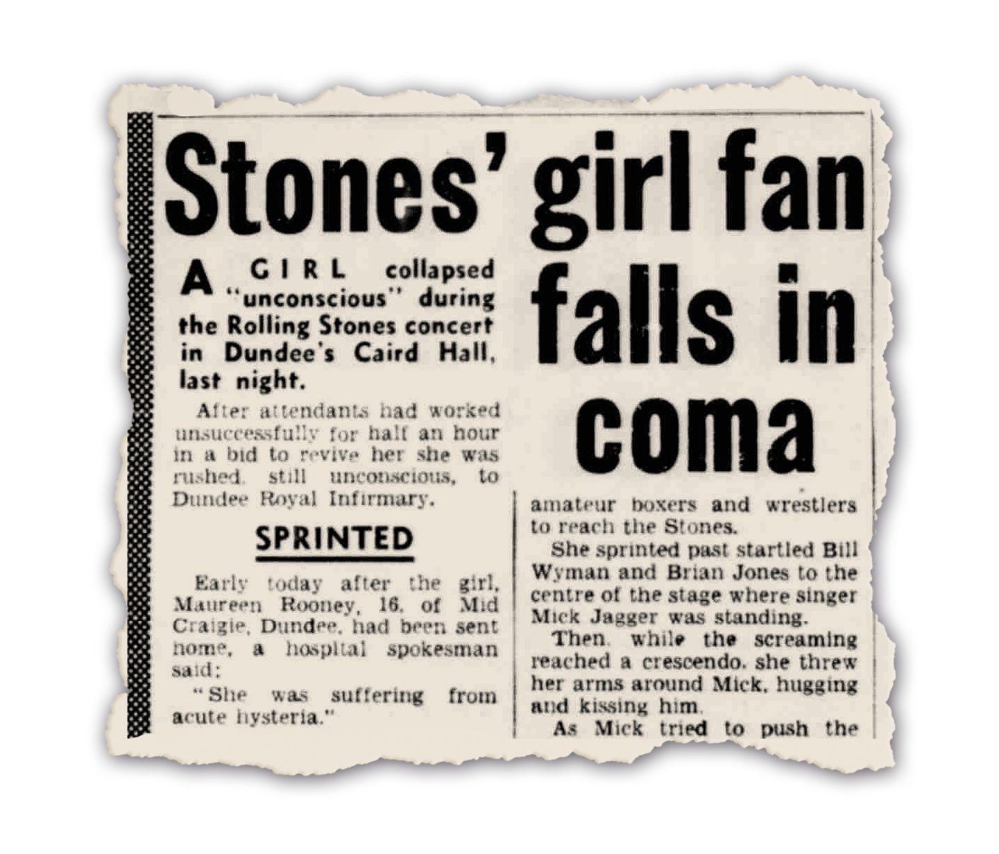 A newspaper clipping about the Rolling Stones Dundee gig in 1965.