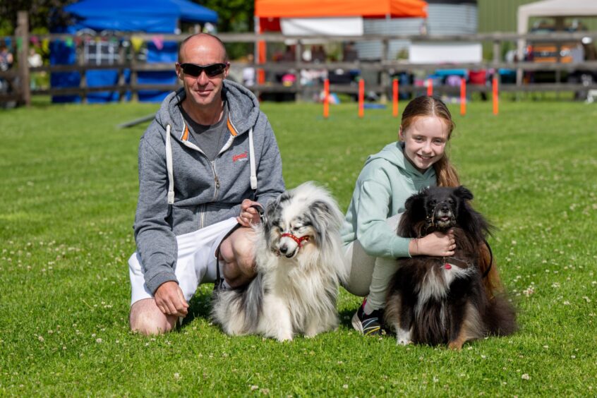 Shetland sheepdogs Brook and Brogen with their owners Darren and Paige Blyth at Pathhead Farm.