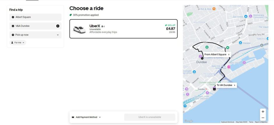 What customers are greeted with when trying to book an Uber ride in Dundee.