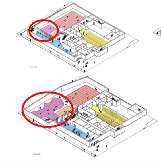 Drawings showing small square leisure swimming area in old plan and much larger space below
