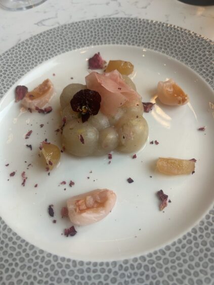Green tea jelly and lychee served on a plate.