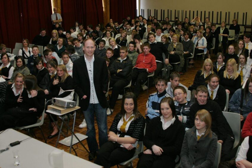 Mountaineer Jamie Andrew pictured in the assembly hall for a talk with senior pupils in April 2006.