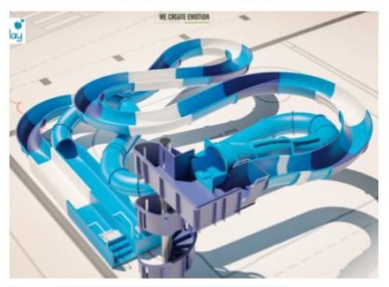 Drawing showing flumes curling around building