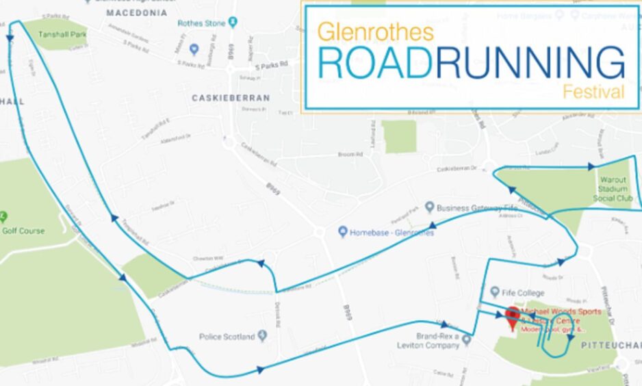 A map showing the Glenrothes Road Running Festival 10k route