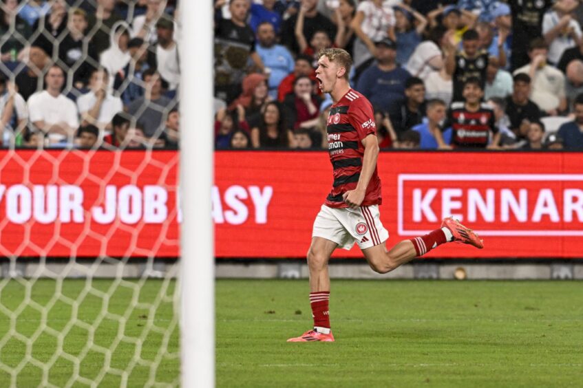 Zac Sapsford celebrates one of his 12 goals for Western Sydney Wanderers