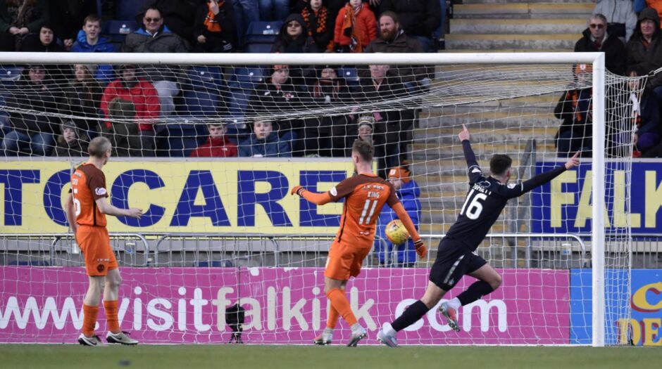 Reghan Tumilty celebrates after scoring to make it 2-1 for Falkirk against Dundee United. 