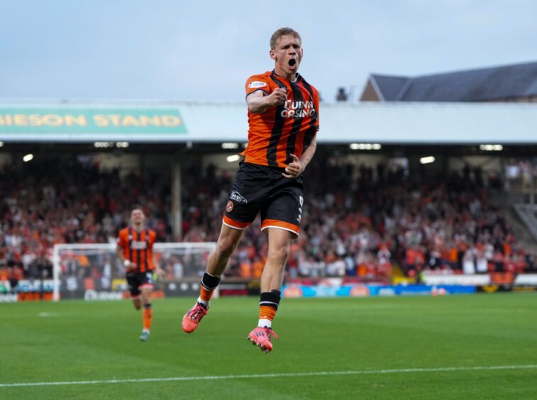 Zac Sapsford celebrates his first Dundee United goal