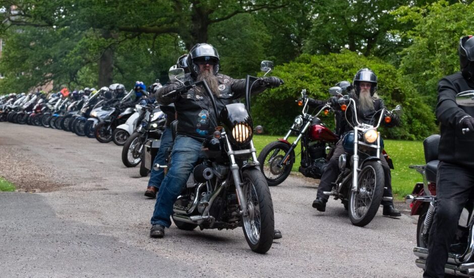 Motorcyclists with long beards ride out from Brechin Castle at the 2025 Bike and Trike Fest in Angus.