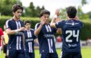 Dundee trialist Jose Urias (R) celebrates with Victor Lopez (C) and Jorge Landeros (L) after scoring to make it 3-0 at Brechin. Image: Ross Parker/SNS