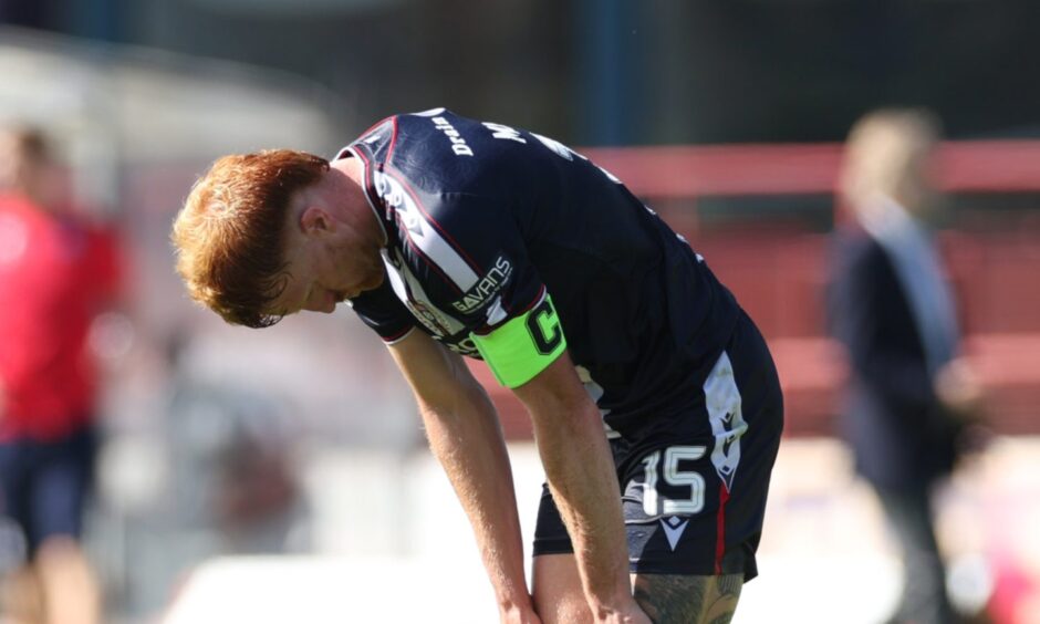 Skipper Simon Murray dismayed at full-time after Dundee lost to Airdrie. Image: Roddy Scott/SNS