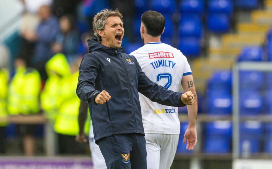 Simo Valakari celebrates with the St Johnstone fans after a win in Inverness.
