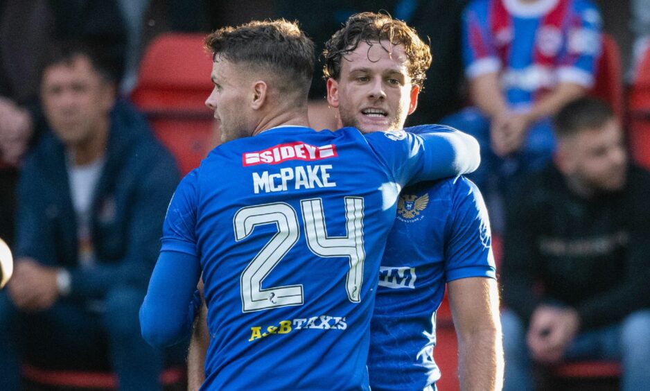 Jamie Gullan is congratulated by St Johnstone team-mate Josh McPake.