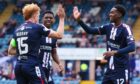 Dundee celebrate opening the scoring at Dens Park. Image: Ross MacDonald/SNS