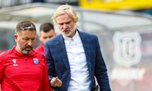 Dundee head coach Steven Pressley (right) with assistant Barry Nicholson. Image: Ross MacDonald/SNS